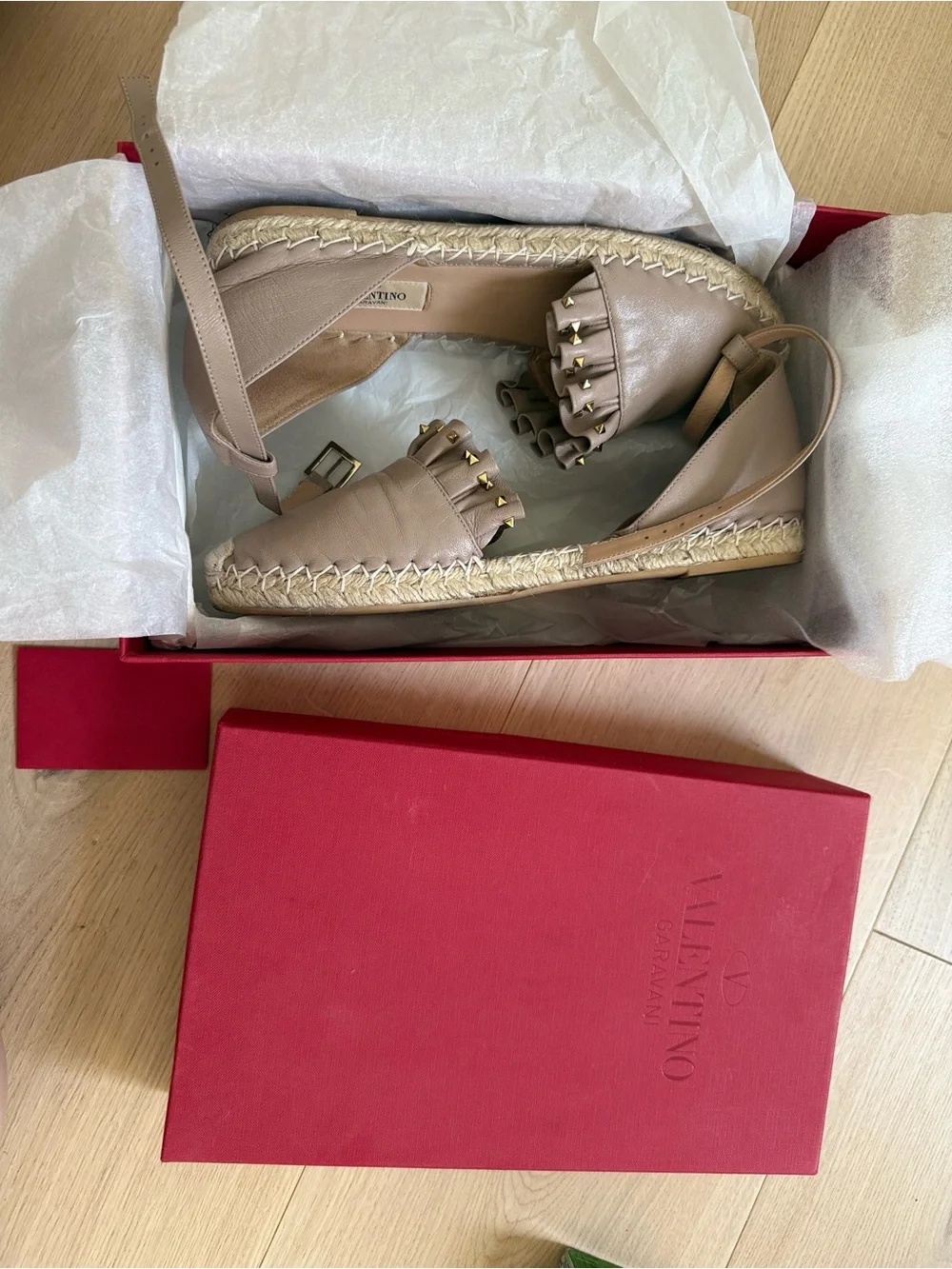 Valentino Garavani Taupe Leather Espadrille Flats - Size 39